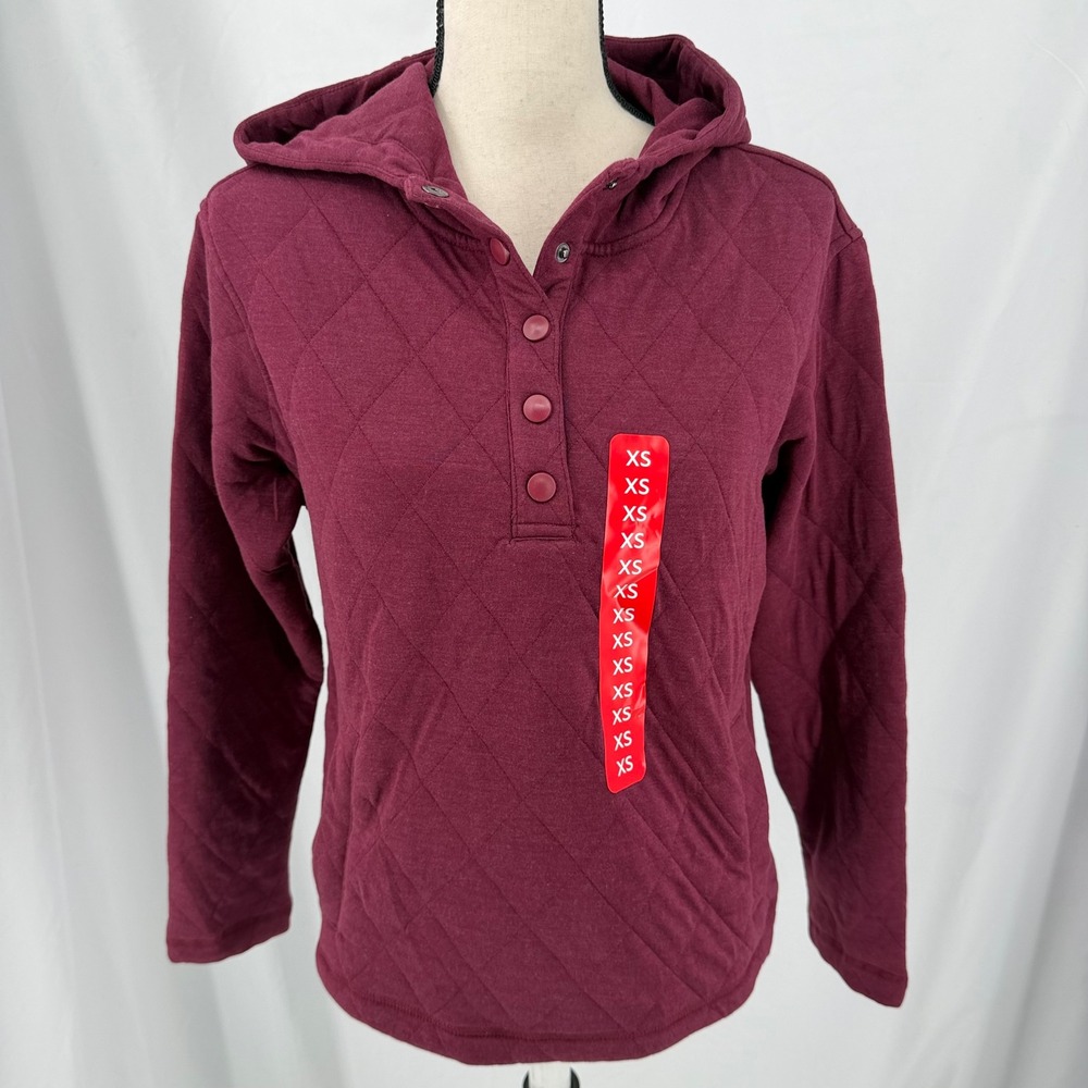 Lands End Women Burgundy Quilted Pullover Hoodie Snap Neck XS 0-2 New